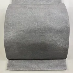 【美品】 袋帯 秀品 草花 幾何学 銀糸 青灰色 六通 正絹 【中古】