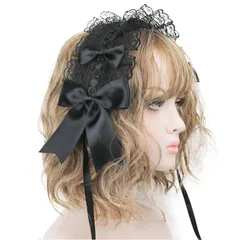 【特価商品】髪飾り ヘアアクセサリー ゴスロリ カチューシャ レース リボン ロリータ 蝶結び ヘアクリップ付き かわいい ヘッドドレス キュート メイドカフェ lolita Sitengle 多色選択 (黒)