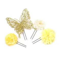 髪飾り 成人式 振袖 前撮り 袴 花 浴衣 夏祭り 花火大会 ４点セット ゴールド 黄色 ラメ 蝶 蝶々 浴衣 髪型 ヘアスタイル ヘア No.9-3777