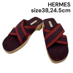 ●美品 エルメス HERMES フールトゥ ウッドソール サンダル バーガンディ 38、24.5cm レディース 5D712