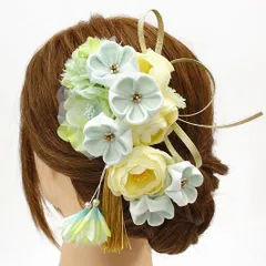 髪飾り 成人式 振袖 袴 花 2点セット 水色 黄緑色 つまみ細工 房つき かんざし 簪 髪かざり 和装 ヘッドドレス 卒業式 結婚式 入園式 卒園式 謝恩会 sc2948　WSi