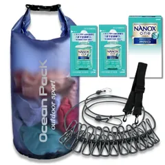 【特価商品】せんたく 出張 洗濯バッグ 5点セット 洗濯袋 洗濯ロープ 旅行便利グッズ 洗濯 アウトドア キャンプ せんたく袋 防災 青 旅行 20L 【 Fattu 洗剤パック付】