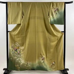 訪問着 身丈159cm 裄丈65.5cm M 袷 秋草 曲垣 刺繍 金銀彩 からし色 正絹 秀品 【中古】