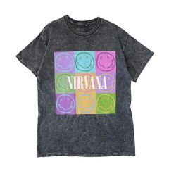 【M】古着 NIRVANA ニルヴァーナ スマイル Tシャツ バンド ロック カラフル たくさん ヴィンテージ加工 後染め ブラック フェード