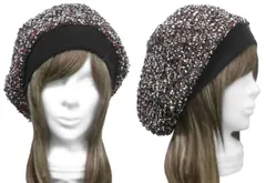 ◇送料無料◇　ハンドメイド◆リブ付ベレー帽◆ウール混 変り織ローゲージニット／mix系　◇ゆったりサイズ・小顔効果・寒い季節におすすめ(秋冬)◇