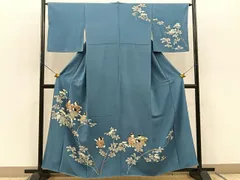 【単衣】正絹　訪問着　童子柄　居敷当て無し　B品　落款　一つ紋 使用感少】訪問着 正絹 丹後ちりめん 百人一首柄 金彩 青紫