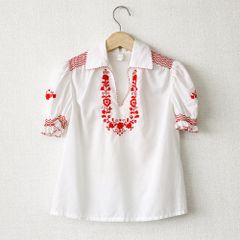 刺繍 ブラウス 花柄 フリル スキッパー 半袖 シャツ レディース ホワイト 白 ヴィンテージ 古着 【UR-0734】