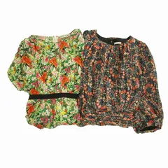 キャシャレル フリッカ cacharel FLICKA フローラル ワンピース 2点 セット まとめ売り 花柄 レトロ調 ハーフ 膝丈 半袖 七分袖 ピンタック ウエストマーク Aライン S レッド グリーン ブラック マルチカラー BLM8 レディースのサムネイル