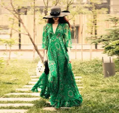 ワンピース マキシワンピ レディース 春ワンピース マキシ丈ワンピース 袖あり 半袖 Vネック 総柄 ロング丈 レトロ風 エスニック アジアン ボヘミアン グリーン Sサイズ リゾートワンピ ハワイ 沖縄 海 シフォン 女性 春夏 dg456c0