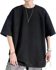 Four leaf Tシャツ メンズ 半袖 夏服 半袖シャツ ティーシャツ おしゃれ クルーネック 快適 カットソー ストリート 夏用 ウェア 無地 エンボス加工 トップス(ブラック,  L)
