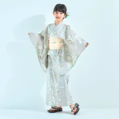 【2点セット】キッズ 子供 浴衣 ゆかた しわへこ 帯とセット グレー 110〜130cm OY5