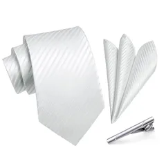 [HISDERN] 結婚式 ネクタイ 白 メンズ フォーマル ストライプ ネクタイ ポケットチーフ 3点セット 無地 プレゼント 高級 ボックス付き ビジネス 慶事 披露宴 紳士 礼服 1