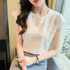Tシャツ ノースリーブ レディース リネンTシャツ クルーネック ドット 袖なし トップス 涼しい カジュアル 着痩せ シンプル 薄手 かわいいs