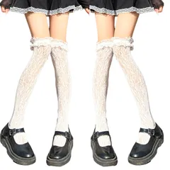 [Belle Iza Bella] ニーハイソックス オーバーニー サイハイ ソックス レディース ロリ系 レース フリル 付き 靴下 2足セット (JP, アルファベット, Free Size, ホワイト×2) [ホワイト×2] [Free Size]