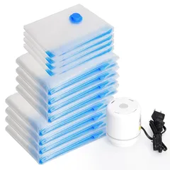 圧縮袋 あっしゅく袋 衣類圧縮袋 布団圧縮袋 12枚入 ふとん圧縮 真空パック 収納袋 小物収納 電動ポンプ付属 省スペース 防塵防湿 防虫防カビ 家庭用 引越し 出張 旅行用 100*130cm(4枚)+80*100cm(4枚)+60*80cm(4枚)( 1