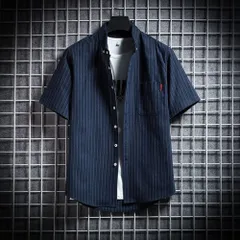 ☆ ネイビー ☆ XL ☆ 半袖シャツ メンズ シャツ メンズ 半袖シャツ カジュアルシャツ 半袖 メンズシャツ シンプル ストライプ トップス ボタンダウン おしゃれ カジュアル ストライプシャツ 春 夏 アウター ワイシャツ 羽織り オシャレ 半そで