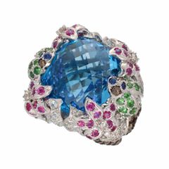 クッションファンシーカットトパーズ(37.80ct) ダイヤモンド(3.52ct) サファイア(1.63ct/1.12ct)ガーネット ルビー リング 750 K18WG ホワイトゴールド 日本サイズ約15号 #55 鑑別書【送料無料】【中古】25020126