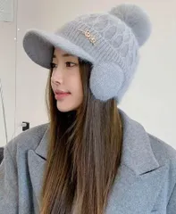 イヤーマフ付きポンポンニット帽　 耳あて レディース グレー　イヤーマフ　中ボア