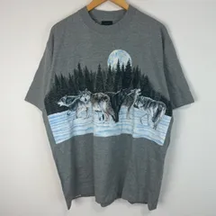 90s HABITAT ハビタット Tシャツ 長袖 クルーネック 狼 ウルフ アニマルプリント グラフィック系 アート系 雪景色 裏起毛 アースカラー グレー メンズ 古着 ストリート オーバーサイズ