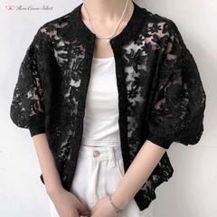 【新品未使用】花柄　刺繍　ボリューム袖　シアー　トップス　黒