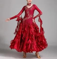 社交ダンスドレス モダンダンス  花刺繍 ワインレッド オーダーメイド