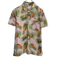 半袖 柄シャツ M パープル系 グリーン マルチカラー ボタン 総柄 パイナップル 胸ポケット カジュアル 古着卸 アメリカ仕入 a703-6562