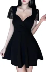 toasoa トーアソーア フレア ワンピース セクシー ミニ 半袖 レディース キャバ嬢 キャバクラ クラブ ホステス お水 ドレス カクテル 夜職 衣装 谷間 レース カップ 付き(ブラック,  L)