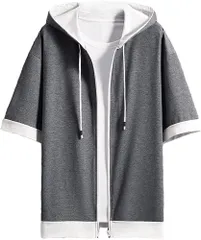 【新着商品】シルエット 重ね着風 ビッグ オシャレ シンプル アップ フード付き ジップ サイズ おおきい おしゃれ かっこいい ゆったり 五分袖 半袖 tシャツ カーディガン パーカー メンズ 夏服 [foveitaa]
