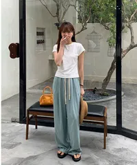 タックワイドパンツ レディース ボトムス パンツ ワイドパンツ ウエストゴム イージーパンツ 春 夏 秋 ゆったり 大きいサイズ ズボン カジュアル 通勤 仕事 オフィス 事務所 OL min 