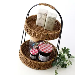 スパイスラック フェイクラタン アイアン 2段 円形 丸 調味料ラック 卓上 キッチン収納 小物 持ち運び おしゃれ ナチュラル 編みかご バスケット 持ち手付き 整理棚 小物収納 フェイクラタンのラウンドラック