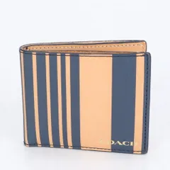 美品 コーチ ストライプ レザー 二つ折り 財布 コンパクト ウォレット ラウンドファスナー 長財布 メンズ ECE CG15-1【中古】