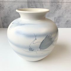 九谷焼 壺 花瓶 フラワーベース 鶴 白 水色