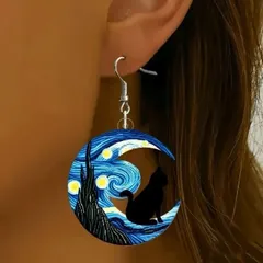 三日月 黒猫 ピアス フックタイプ キャット アニマル 絵画 幸運 魔術 神秘 ミステリアス 神話 魔除け カジュアル ギフト ペア 贈り物 贈りもの 新品