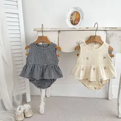 ベビー服 チェック柄ワンピース 花柄刺繍セットアップ ロンパース 夏服 ベビー 新生児 キッズ 子供 トドラー 春 夏 ベビーウェア ベビードレス プレゼント 出産祝い 66cm 73cm 80cm 90cm 100cm