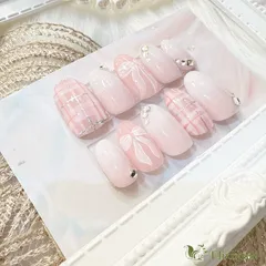 【現品】ネイルチップ　ピンク　チェック柄　リボン