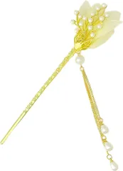 Miaomyao ミャオミャオ 簪 かんざし 一本 和装 留袖 着物 浴衣 髪飾り 金属 アンティーク ホワイト フラワー 花 パール チュール ゴールド ヘアアクセサリー(ゴールド,  ワンサイズ)