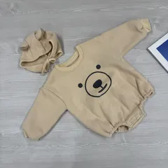 ＊SALE! 【アウトレット】 裏起毛 くまちゃんロンパース ベビー 子供服 ロンパース くま パーカー  カバーオール 帽子付き フード 可愛い ベージュ 90cm【訳あり】