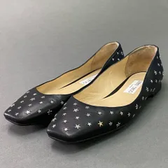7d7 JIMMY CHOO ジミーチュウ スタースタッズ フラットシューズ パンプス JCロゴ レザーパンプス 星柄 スクエアトゥ 38 ブラック