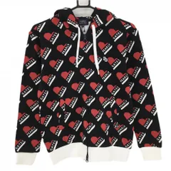 【新品】パーリーゲイツ ジップパーカー 黒×レッド ハートロゴ総柄 胸元刺しゅう レディース 0(S) ゴルフウェア PEARLY GATES