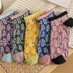 リーフ柄のアンクル靴下5足セット✨くるぶし スニーカー ローファー カジュアル 通勤用 大人 子供 夏用靴下 プレゼント 北欧柄 おしゃれ 可愛い ギフトにも◎靴下 レディース ソックス 韓国ファッション 可愛い コーデ