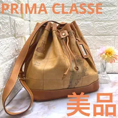 美品❣️PRIMA CLASSE ❣️プリマクラッセ 世界地図柄 PVC×レザー 巾着型 ショルダーバッグ クロスボディ 斜め掛け ブラウン レディース　通勤　通学　トラベル　ビジネス　カジュアル　ブランド　ロゴ　希少　本物保証　美品　良品