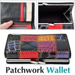 パッチワーク がま口 財布 レザー ミニウォレット レディース 女性 チェック柄 マルチカラー ブラック レッド オレンジ サイフ 華やか オシャレ ケース 小銭入れ 革 さいふ マグネット不使用