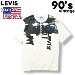 【ロゴデザイン】 90s ヴィンテージ USA製 リーバイス LEVIS 501 SHIRTS FOR JEANS ヘンリーネック Tシャツ L相当 総柄 ホワイト メンズ