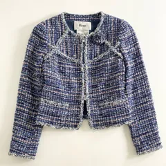 40d15 《美品》 Rene ルネ マリアケント生地 ツイードジャケット ノーカラージャケット セレモニー ジップカーディガン 6833110 サイズ34 ブルー レディース 日本製のサムネイル