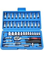 ブルー Rikopin(リコピン) ソケットレンチセット 差込角6.3mm (1/4インチ) 車 レンチ スリーブ ラチェットレンチ 46 ソケットドライバー組み合わせ ツール (ブルー)