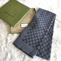 5252様専用ページ★美品 定価7万 GUCCI グッチ ダブルジャカード GGウール スカーフ マフラー グレー×ブラック 箱付き メンズ PAWNSHOPRiZ  パウンショップリズ
