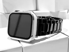 黒セラミック×ホワイトカバーシルバーライン　アップルウォッチバンド セラミックベルト Apple Watch用カバーケース　38　40　41　42　44　45　49　SE 1/2/3  Ultra1/2/3  保護付