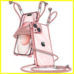 【人気商品】ワイヤレス充電対応(ローズゴールド) 紛失防止 落下防止 取り外し可能 長さ調整可能 織りストラップ付き 斜めがけ 紐付き 携帯ケース TPU 軽量 薄型 透明 縄掛けケース 斜めかけ 肩掛け カバー アイフォン15 スマホケース iPhone15