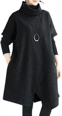 エムエルーセ 重ね着 アシメデザイン ハイネック チュニック シンプル ゆったり( ブラック,  M)