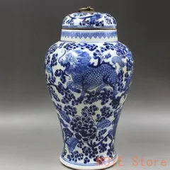清同治青花穿花麒麟紋茶蓋缶 景徳鎮 陶磁器 装飾品 現代工芸品